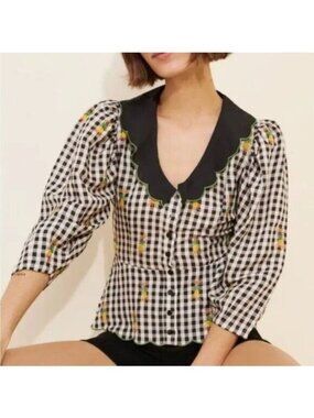 Farm Rio Linen Gingham Pineapple Embroidered Peplum Blouse With Scalloped Collar